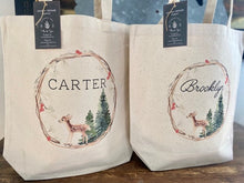 Load image into Gallery viewer, Vintage Deer Christmas Tote bag|Personalized Christmas bag|Canvas Tote Bag|Plaid Christmas bag|Holiday Gift Bag|Childs Christmas Bag
