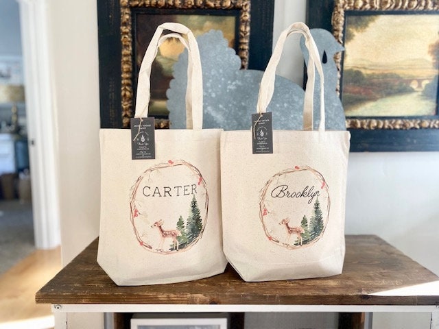 Vintage Deer Christmas Tote bag|Personalized Christmas bag|Canvas Tote Bag|Plaid Christmas bag|Holiday Gift Bag|Childs Christmas Bag