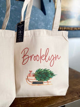 Load image into Gallery viewer, Christmas Tote bag|Personalized Christmas bag|Canvas Tote Bag|Plaid Christmas bag|Holiday Gift Bag|Childs Christmas Bag
