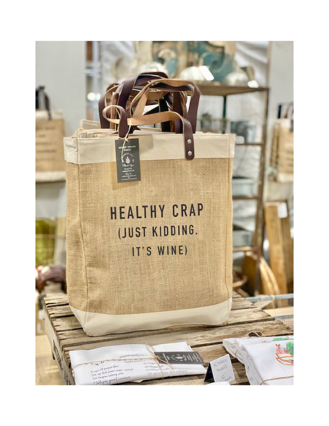 Healthy Crap|Quote Jute Bags|IT'S WINE|Organic Food|Beach Bag|Market Bag|Jute Tote bag|Shopping Bag|Burlap Bag|Farmhouse Bag|Grocery Bag