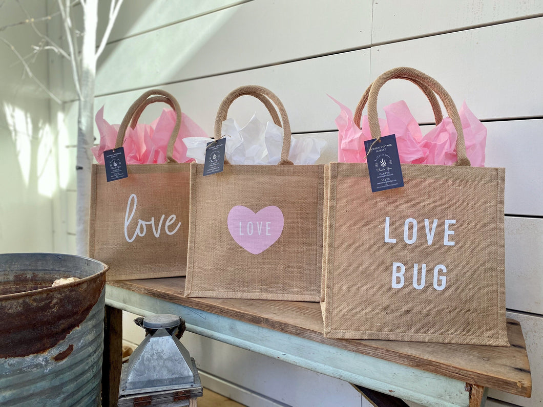 Valentines Bag|Love Bag|Love Bug Bag|Beach Bag|Market Tote|Gift for Her|Bridal Bag|Jute Tote bag|Bachelorette Bag|Burlap Bag|Farmhouse Bag|