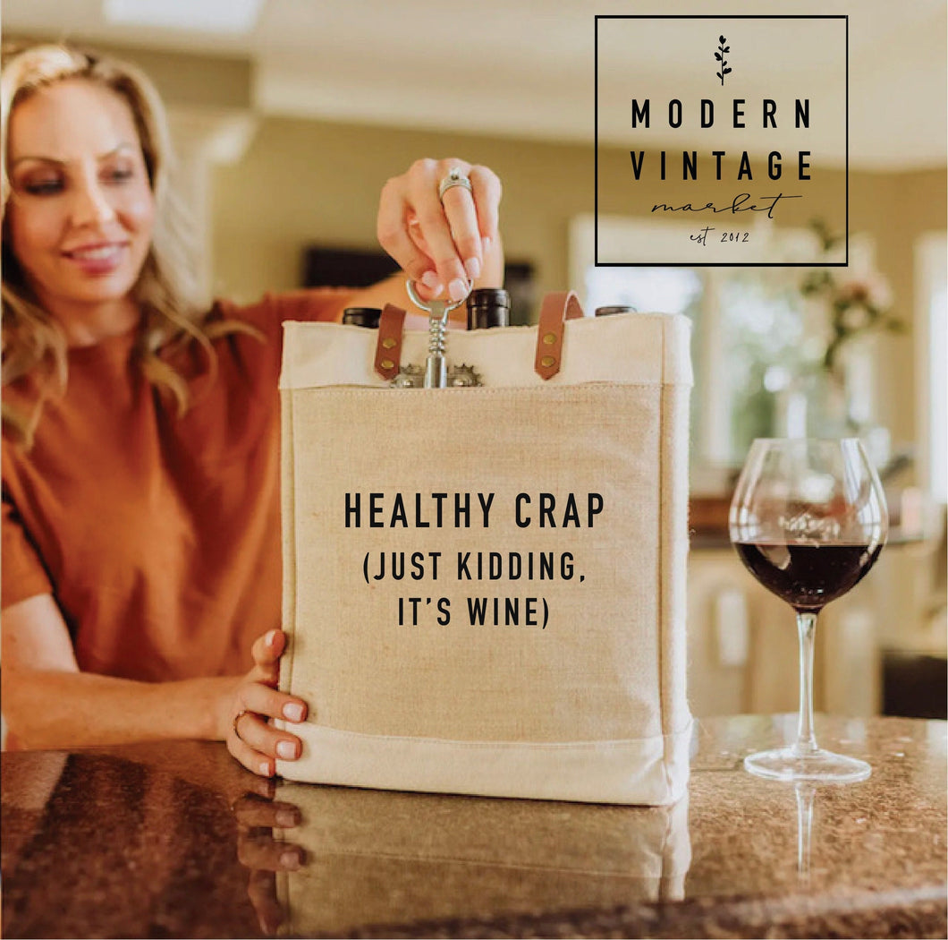 Healthy Crap Wine Tote| Wine Tote Bag |IT'S WINE| It's Alcohol| Insultaed Wine Bag| 3 Bottle Wine Bag